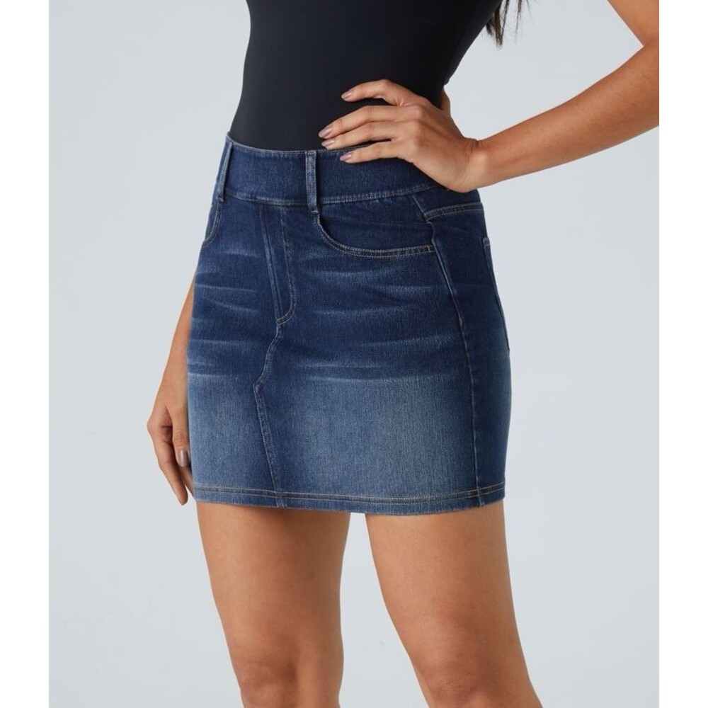 Halara Flex High Waisted Mini Washed Denim Casual Skirt Bright Blue Denim Small